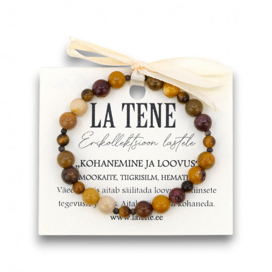La Tene laste käekett KOHANEMINE ja LOOVUS – mookaite, tiigrisilm, hematiit