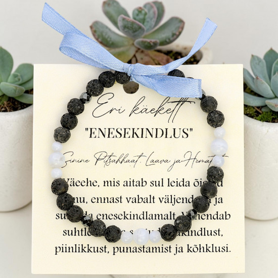 LA TENE erikollektsiooni käekett „ENESEKINDLUS“ Sinise Pitsahhaadi, Laava ja Hematiidiga