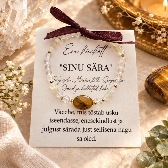 LA TENE erikollektsiooni käekett „Sinu sära” Tiigrisilma, Mäekristalli ja Serpentiin Jaadi kristallidega ning kullatud hõbeda pärlitega