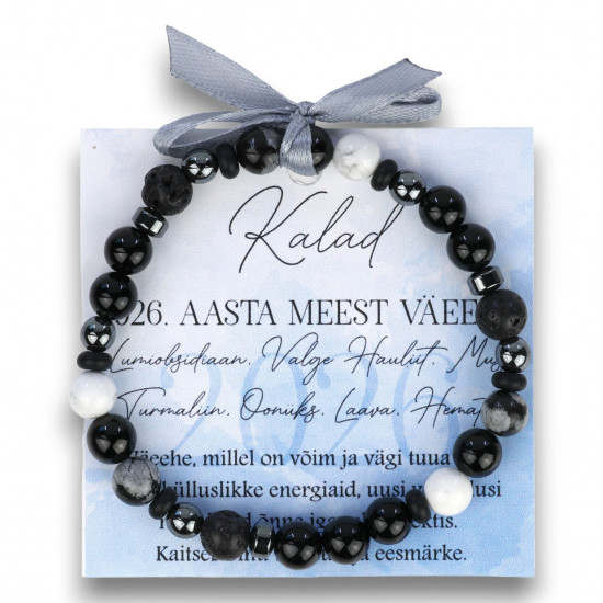 Käekett Kalad 2026 aasta – Lumiobsidiaan, Valge Hauliit, Must Turmaliin, Oonüks, Laava, Hematiit