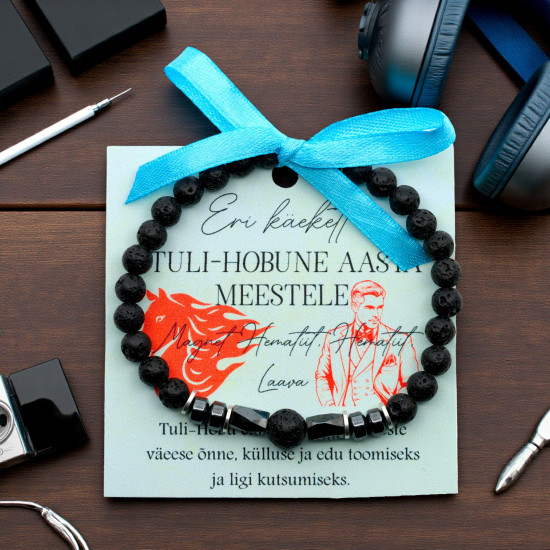 LA TENE meestele "TULI-HOBUNE AASTA" käekett Magnet Hematiidi, Laava ja Hematiidiga