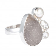 AHHAAT DRUZY, VIKERKAARE KUUKIVI, PÄRLIKARP ja HÕBETOPAAS sõrmus (hõbe 925) 