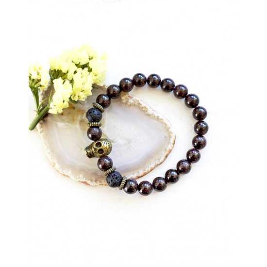 GARNET AND LAVA bracelet with a skull (pearl 8 mm) JEWELRY GARNET AND LAVA bracelet with a skull (pearl 8 mm) JEWELRY