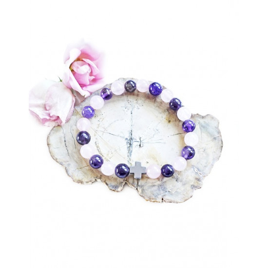 AMETHYST AND ROSE QUARTZ bracelet with a cross JEWELLERIES AMETHYST AND ROSE QUARTZ bracelet with a cross JEWELLERIES